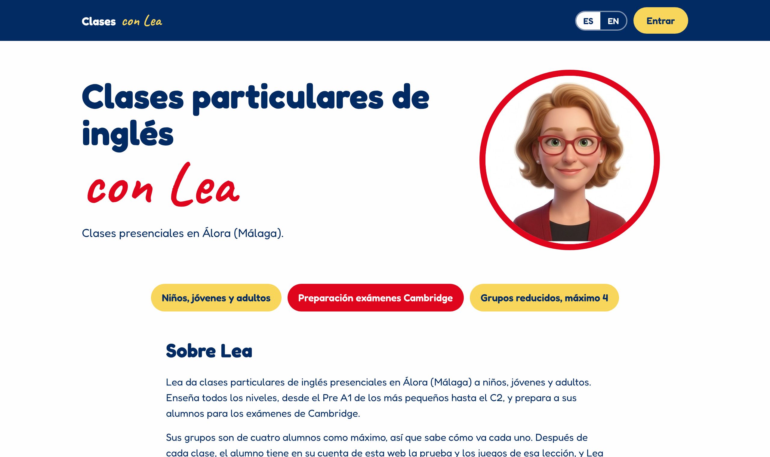 La portada de clasesconlea.es: «Clases particulares de inglés con Lea», con el dibujo de Lea y sus colores azul, rojo y amarillo.